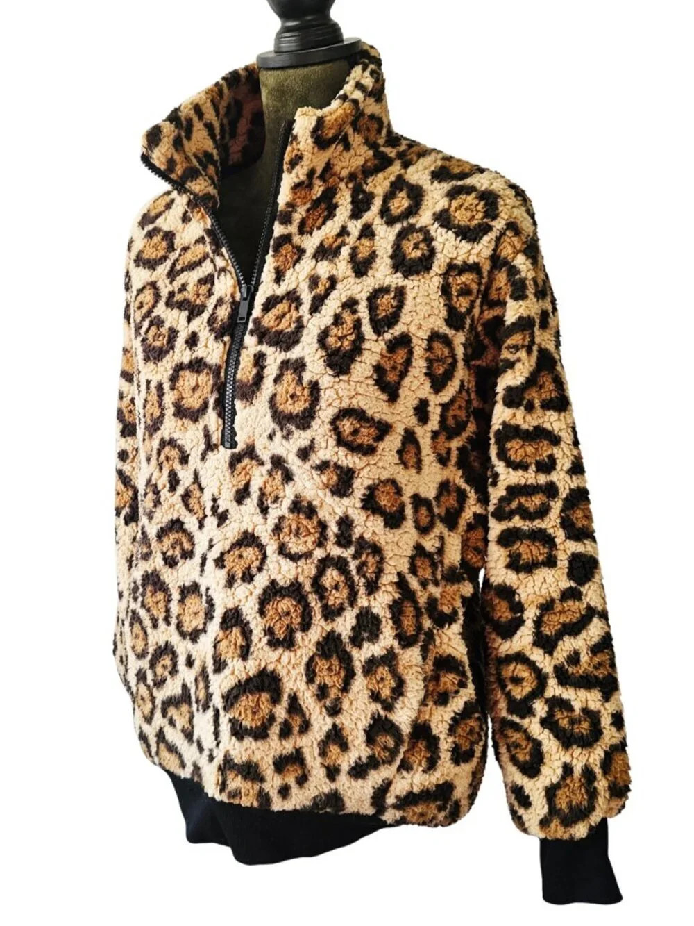 🌟Like New🌟 Express Animal Print Half-Zip Teddy Jacket, Tan/Brown/Black Size XS